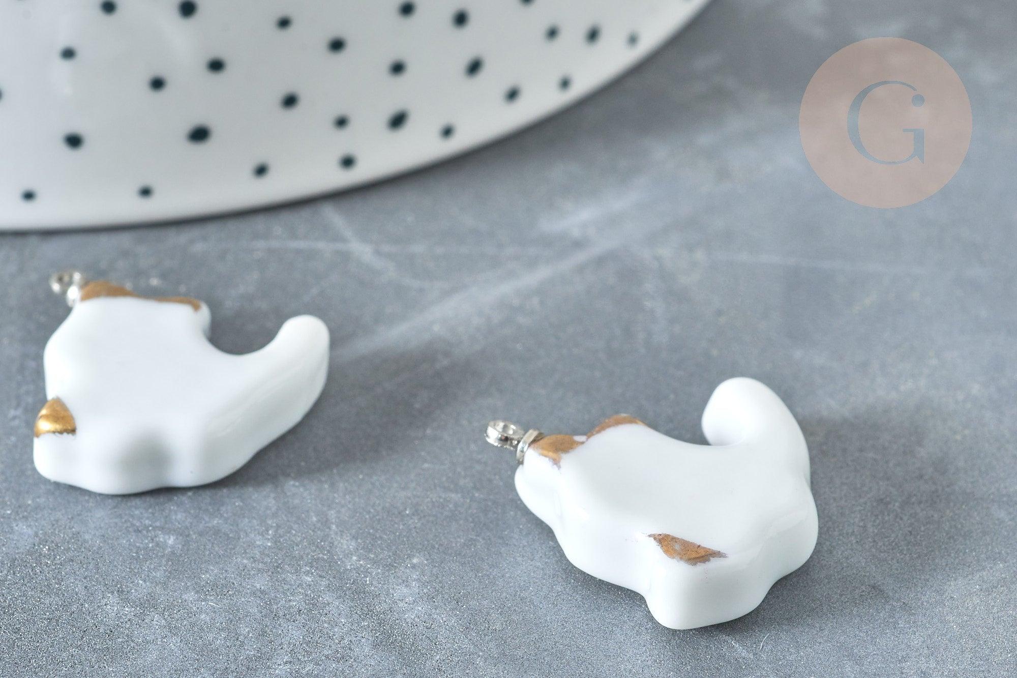 Pendentif chat porcelaine blanc doré laiton platine 24mm, pendentif pour fabrication bijoux, x1 (G8062)