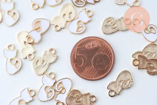 Pendentif chat zamac doré émail blanc 12mm, x5 (G6100)