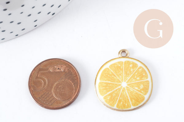 Pendentif citron émail jaune zamac doré 26mm, x1 (G8943)
