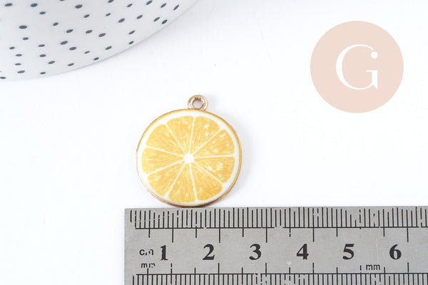 Pendentif citron émail jaune zamac doré 26mm, x1 (G8943)