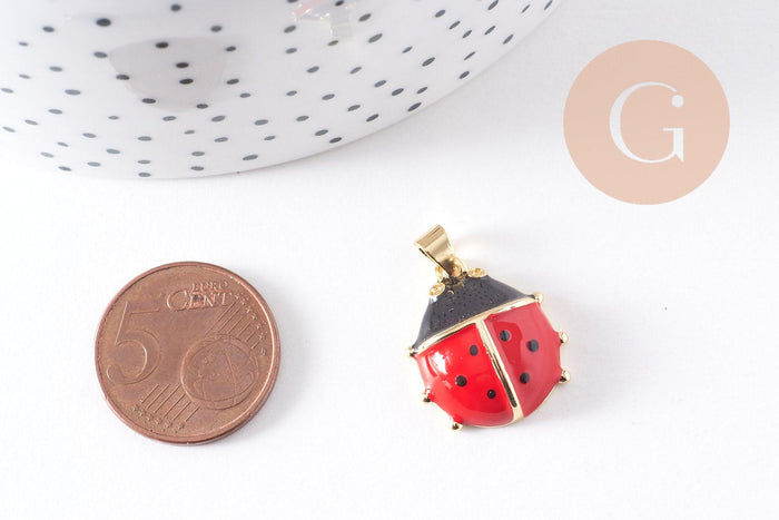 Pendentif coccinelle laiton doré émaillé rouge 20.5mm, x1 (G10306)