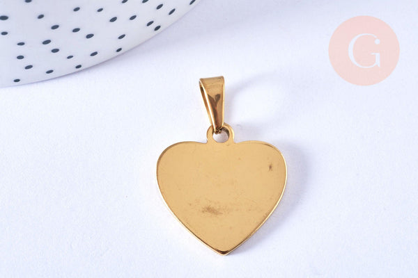 Pendentif cœur acier inoxydable 304 doré à graver 26mm, x1 (G6879)