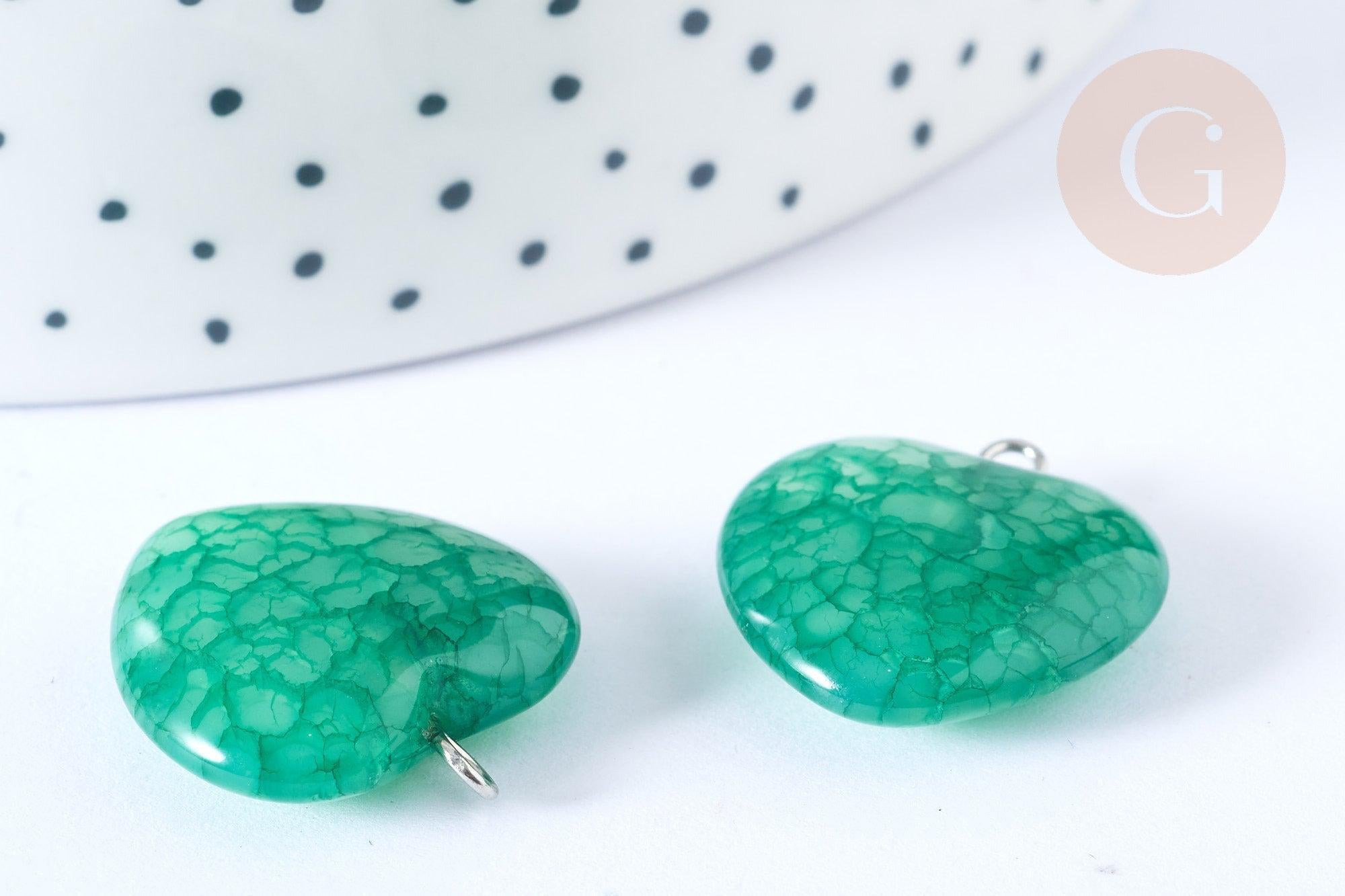 Pendentif cœur agate brésilienne vert foncé fer argenté 22mm, création bijoux pierre naturelle, x1 G7927