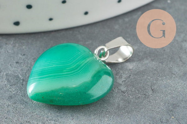 Pendentif coeur agate naturelle verte acier inoxydable platine 23mm, x1 G3991