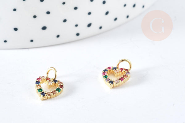 Pendentif coeur doré cristal zircons multicolores 10.5mm, pendentif laiton doré amour création bijoux, x1 G8519