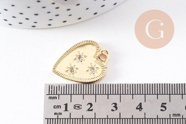 Pendentif coeur émail laiton doré 18K et zircon 24mm, x1 (G10158)