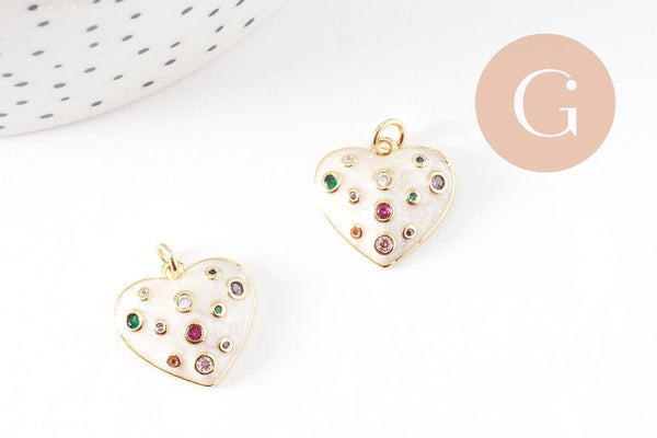Pendentif coeur émaillé blanc et zirconslaiton doré 18K 18mm, x1 (G9944)
