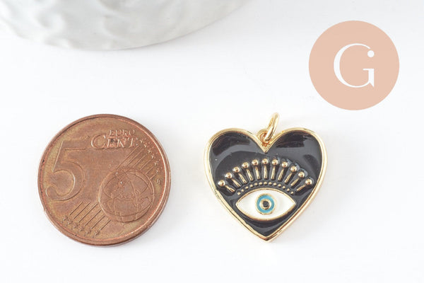 Pendentif coeur laiton doré 18K émail noir, création bijou mauvais oeil protecteur,18x19mm, x1 (G5017)
