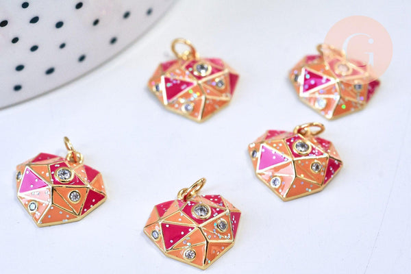 Pendentif coeur laiton doré émail rouge orange zircon, un pendentif à facette laiton coeur,sans nickel,16mm, x1 G5642