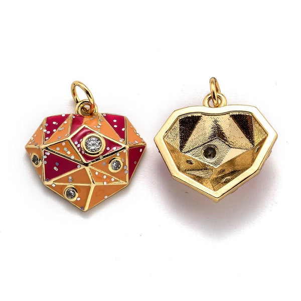 Pendentif coeur laiton doré émail rouge orange zircon, un pendentif à facette laiton coeur,sans nickel,16mm, x1 G5642