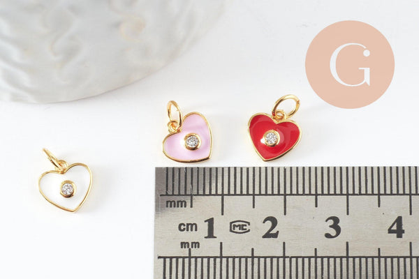 Pendentif coeur laiton doré émaillé et zircon 9x9mm ,pendentif doré,coeur doré, pendentif laiton doré, x1 (G3578)