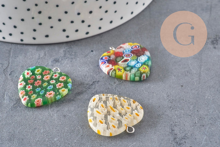 Pendentif cœur millefiori verre murano 27mm, x1 (G7143)