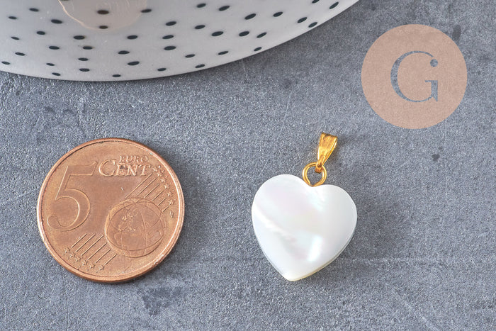 Pendentif coeur nacre blanche naturelle laiton doré 19mm, x1 (G1066)