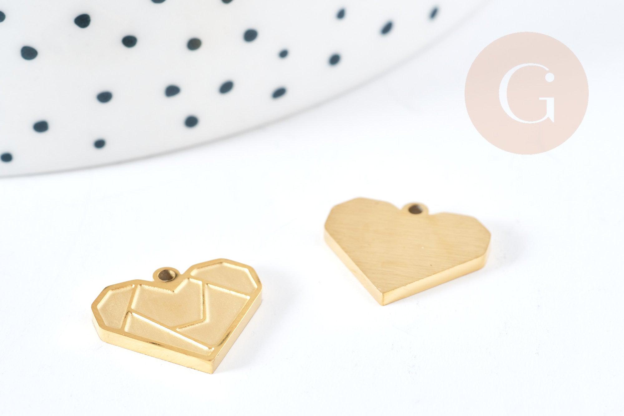 Pendentif coeur origami acier 201 doré 18K inoxydable IP 15mm, x1 (G8785)