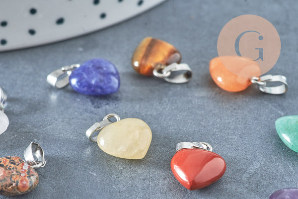Pendentif coeur pierre naturelle laiton platine 10-12mm, x1 (G4129)