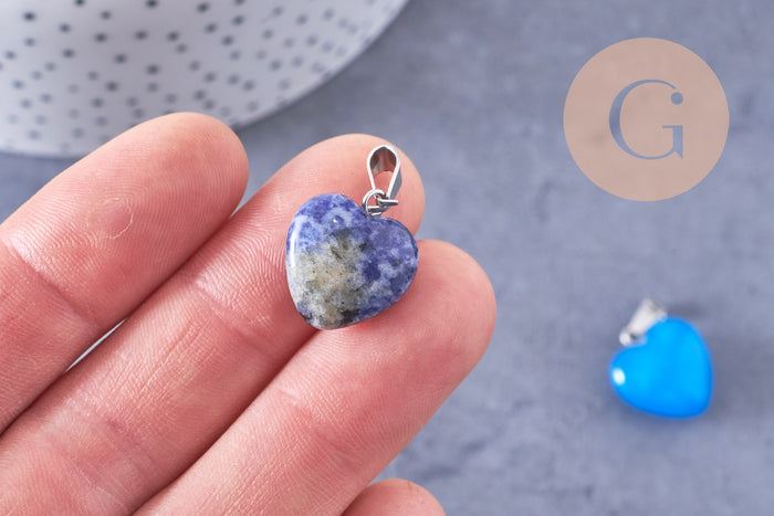 Pendentif cœur pierre naturelle laiton platine 17~19mm, x1 (G7958)