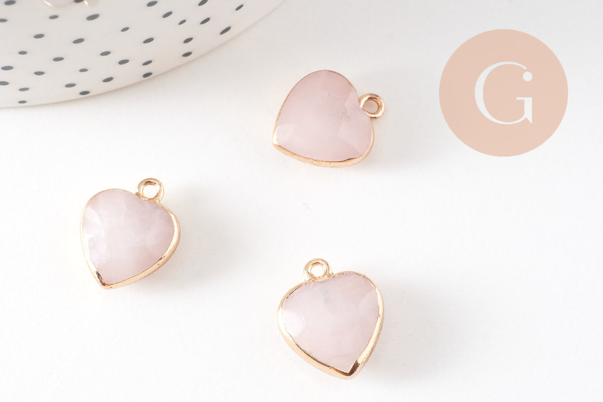 Pendentif coeur quartz rose facette fer doré 17mm,pendentif bijoux pierre naturel, x1 (G0856)