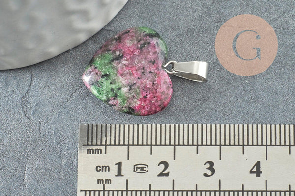 Pendentif coeur rubis zoisite naturel laiton platine 22mm, x1 (G2580)
