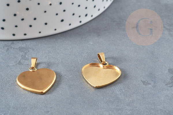Pendentif coeur support cabochon acier inoxydable doré 21.5mm x1 (G4834)