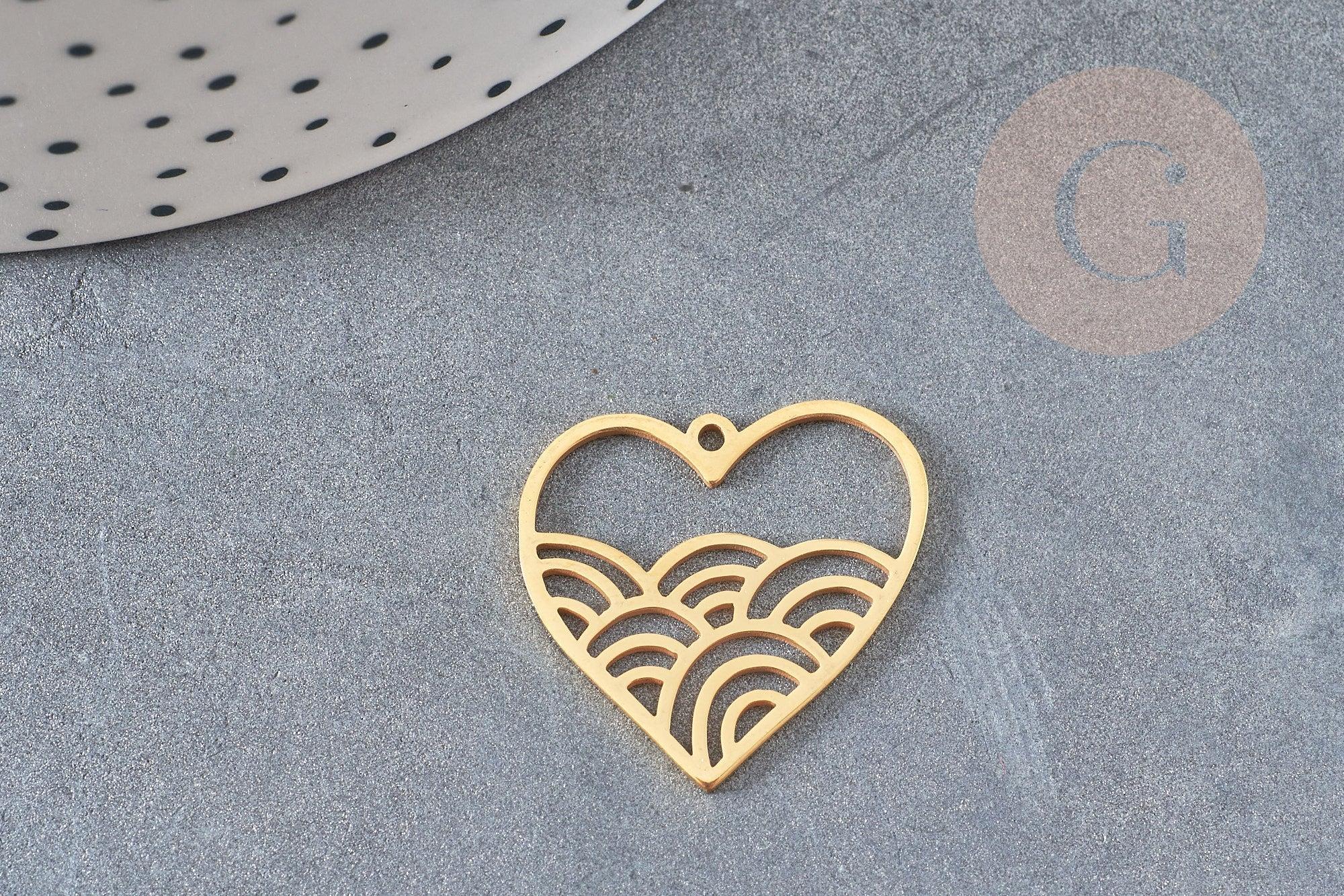 Pendentif coeur vagues acier 201 inoxydable doré 22.5mm, x1 (G6275)