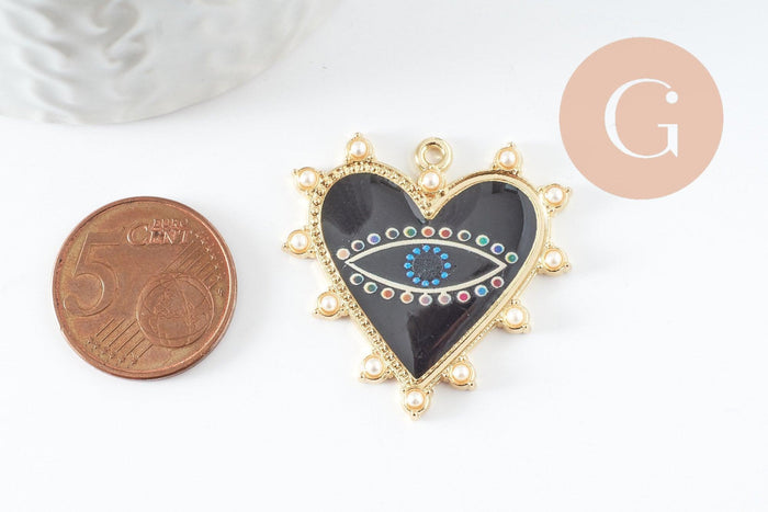 Pendentif coeur zamac doré émail noir 33mm, x1 (G4116)
