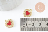 Pendentif coeur zamac doré émail rouge 16mm, création bijou coeur et amour, un bijou en dentelle dorée x2 (G4221)