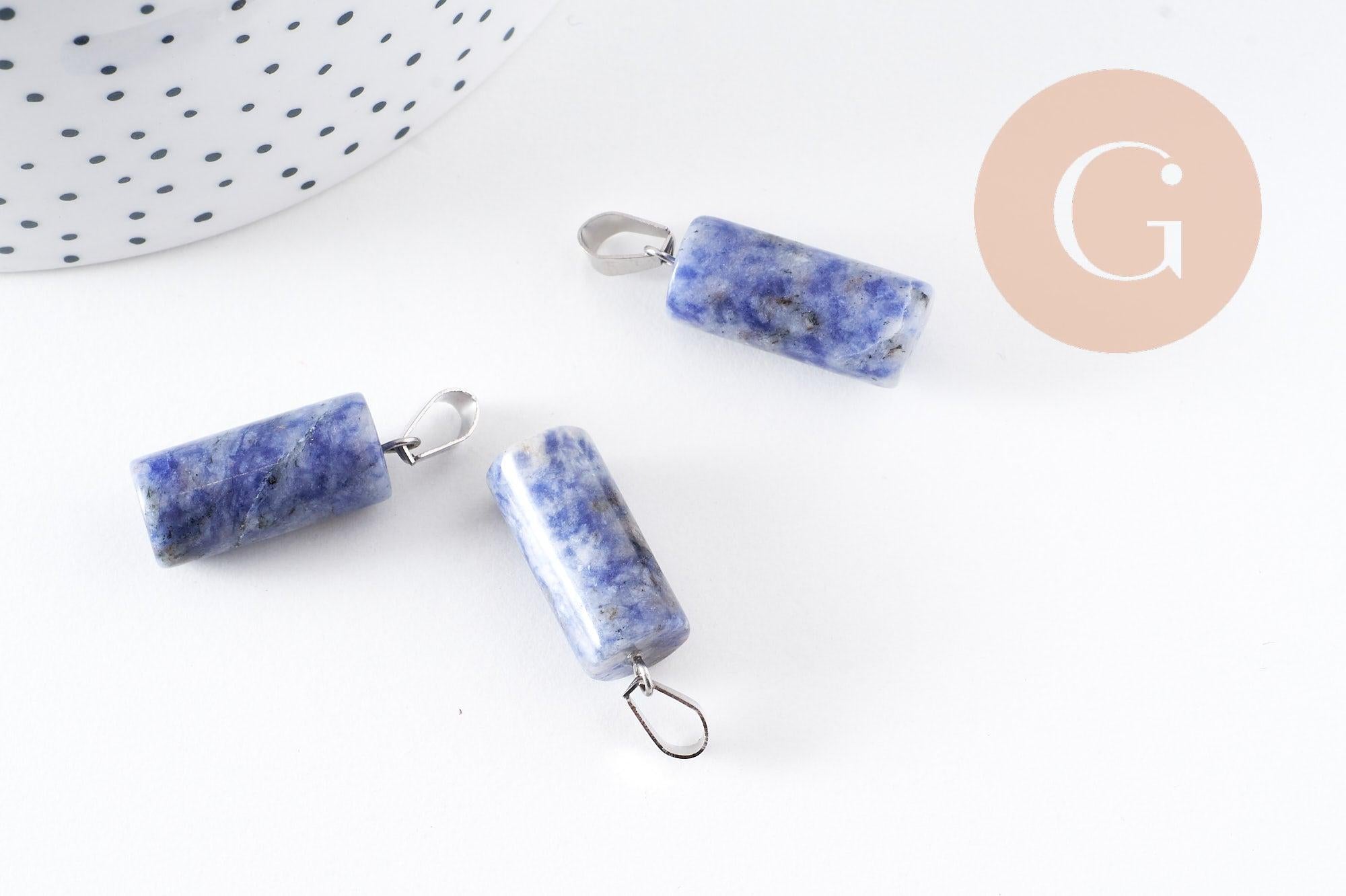 Pendentif colone jaspe bleu naturel acier inoxydable platine 25mm, x1 (G10075)
