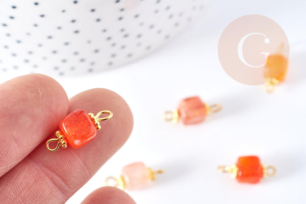 Pendentif connecteur agate naturelle teintée orange fer doré 17mm,pendentif pierre naturelle, x1 (G8642)