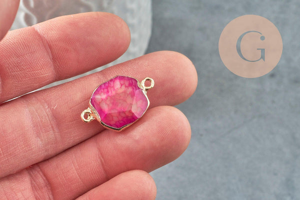 Pendentif connecteur agate naturelle teintée rose fer doré 25mm,création bijoux pierre naturelle, x1 G5707