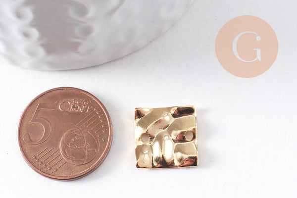 Pendentif connecteur carré froissé laiton doré 24K 13.5mm, x2 (G10378)