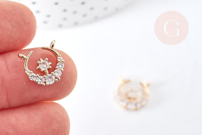 Pendentif connecteur croissant lune laiton doré zircons blancs 12mm,creation bijoux Lune, x1 (G8437)