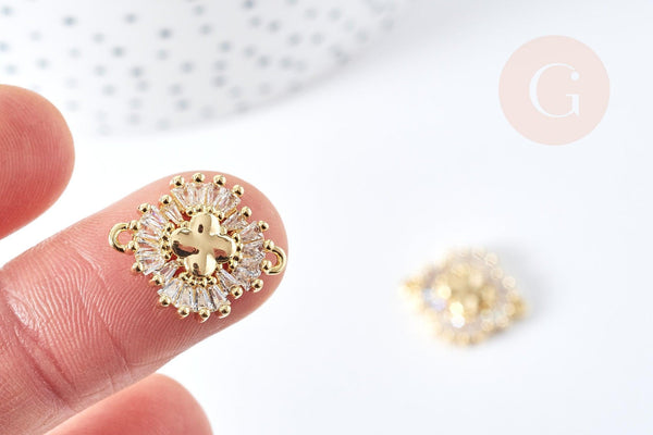 Pendentif connecteur croix laiton doré 18K cristal zircon blanc 18.5mm, x1 (G8577)