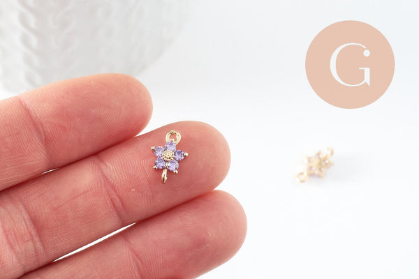 Pendentif connecteur fleur doré 24 carats zircon violet,pendentif doré cristal, 12.5mm, x1 (G4035)