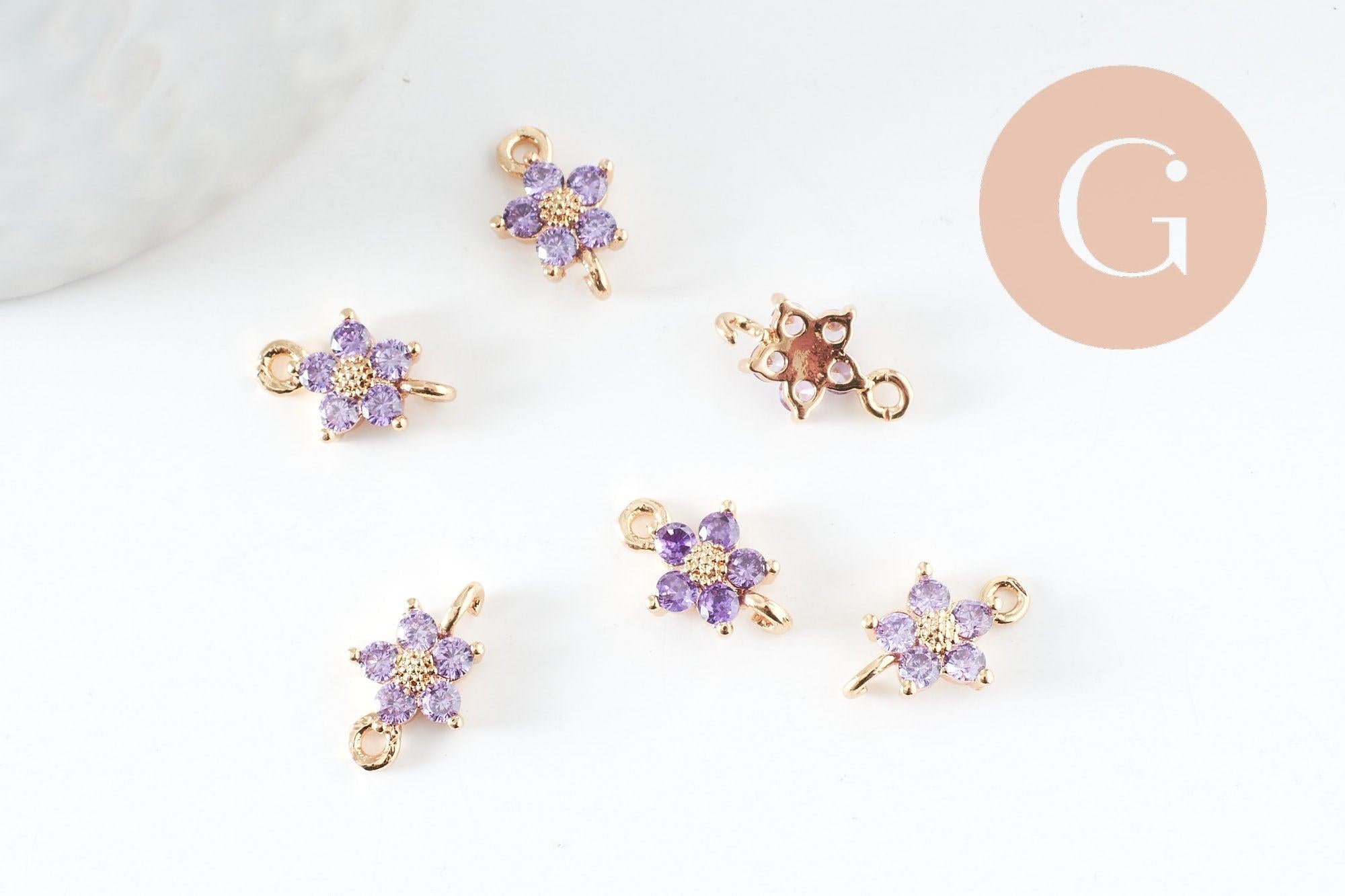 Pendentif connecteur fleur doré 24 carats zircon violet,pendentif doré cristal, 12.5mm, x1 (G4035)