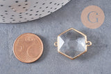 Pendentif connecteur hexagone doré cristal transparent facettes,pendentif cristal, pendentif doré,création bijoux,25.5mm, x 2 (G2647)