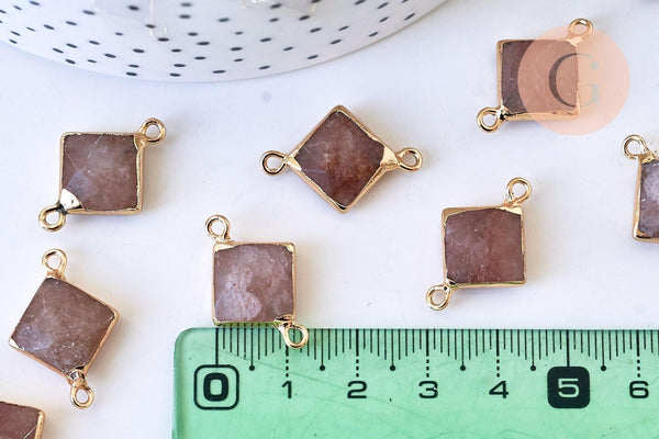 Pendentif connecteur losange quartz fraise naturel fer doré 22mm, x1 (G5589)