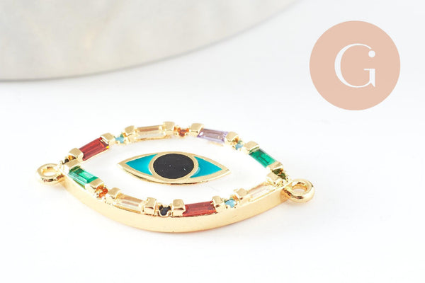 Pendentif connecteur oeil cristal zircon coloré,pendentif en laiton doré porte-bonheur contre mauvais oeil ,x 1 (G6395)