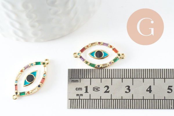 Pendentif connecteur oeil cristal zircon coloré,pendentif en laiton doré porte-bonheur contre mauvais oeil ,x 1 (G6395)