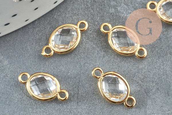 Pendentif connecteur ovale laiton doré Cristal transparent 15mm, x2 (G4095)