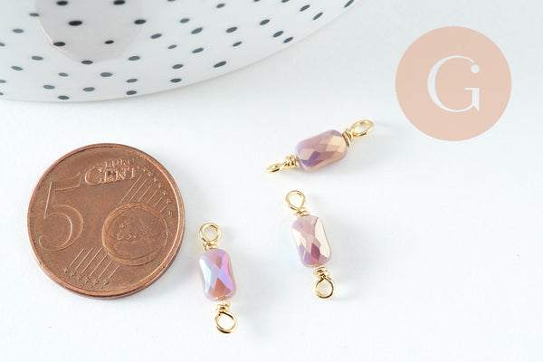 Pendentif connecteur rectangle verre facetté violet bleu irisé laiton doré 15.5mm, x5 (G10730)