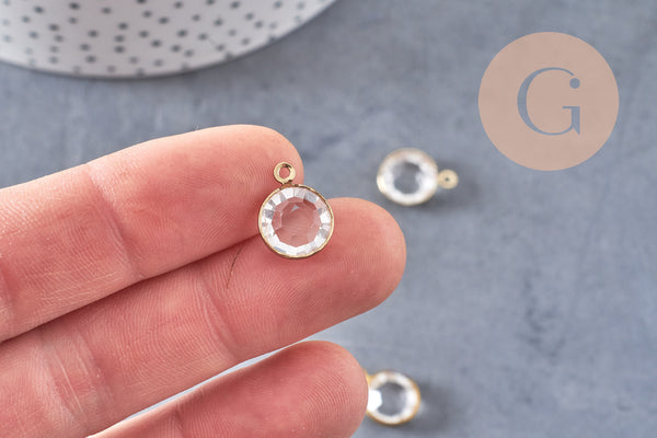 Pendentif connecteur rond laiton brut Cristal transparent,création bijou cristal et or,15mm, x1 G4408