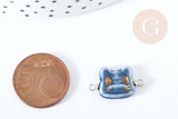 Pendentif connecteur tête de chat porcelaine bleu doré laiton platine 20mm, pendentif pour fabrication bijoux, x1 (G8496)