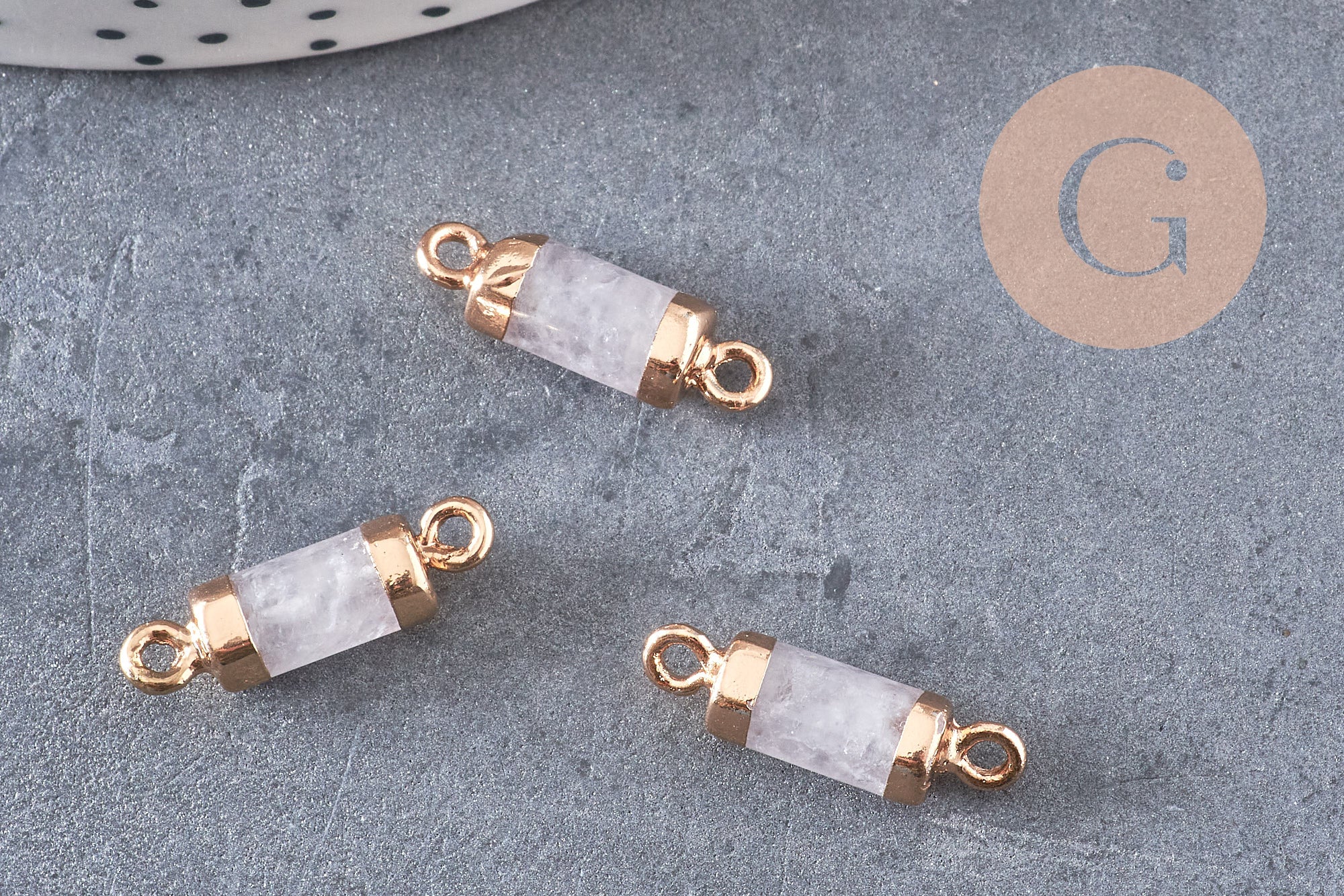 Pendentif connecteur tube cristal de roche naturel fer doré 20mm, pierr naturel, x1 (G0595)