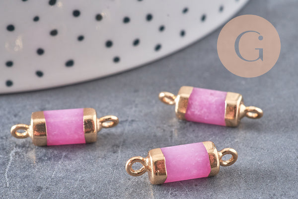 Pendentif connecteur tube jade naturel rose fer doré 20mm, x1 (G0934)