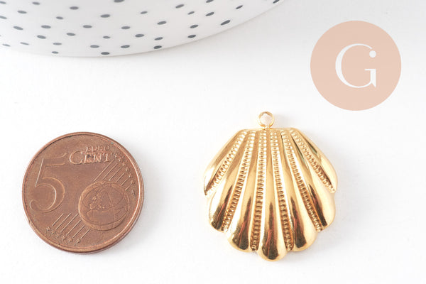 Pendentif coquillage acier IP inoxydable doré 18K 26.5mm, x1 (G10806)