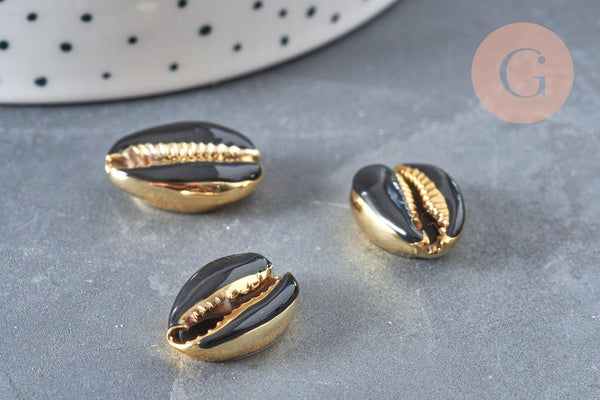 Pendentif coquillage cauri naturel doré resine noire 19mm, x5 (G0892)