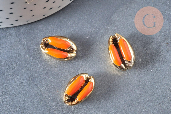Pendentif coquillage cauri naturel doré resine orange19mm, x5 (G4406)