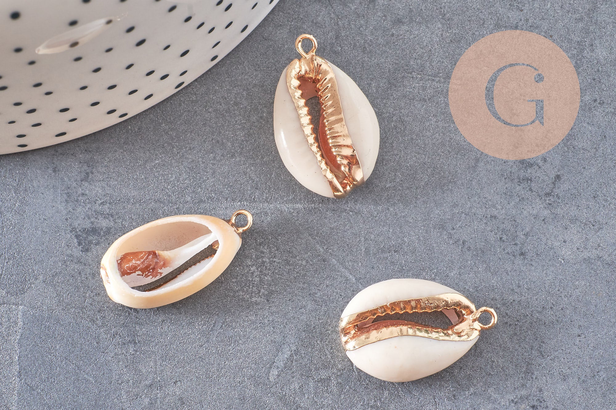Pendentif coquillage cauri ouvert naturel doré, coquillage Conch bijou naturel, 23mm, x1 , G2296