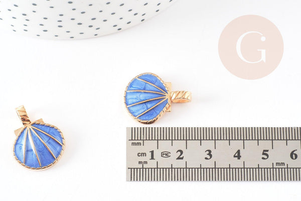 Pendentif coquillage doré bleu 24.5mm, pendentif coquillage pour création bijoux x 2 (G5793)