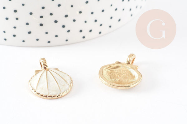 Pendentif coquillage zamac doré blanc 24.5mm, pendentif création bijoux DIY x2 (G7045)